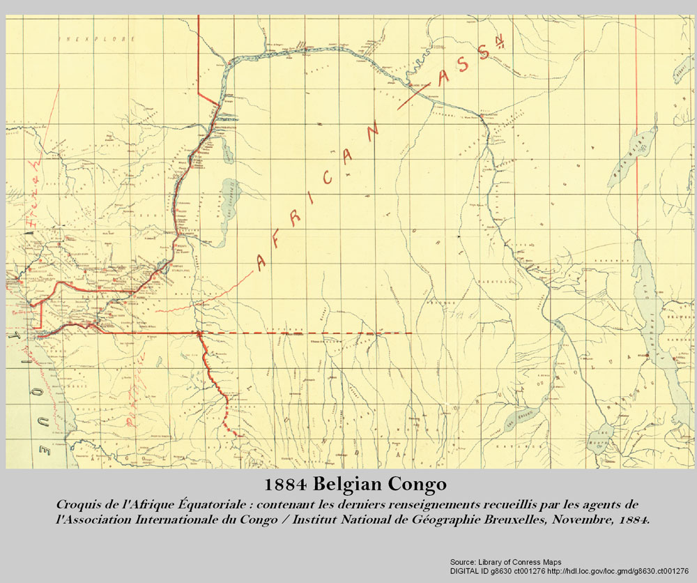 1884 map of Leopold II's colony, knows as Congo Free State. Later, it was known as the Belgian Congo after global efforts sought to curb his torture & slavery o